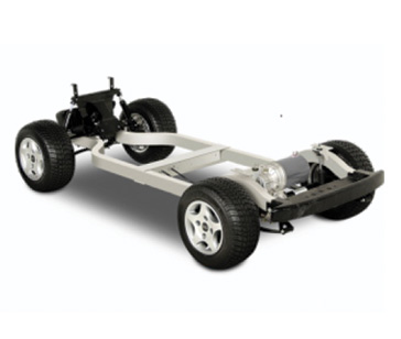 Lightweight aluminum chassis frame used in Finns Auto golf carts