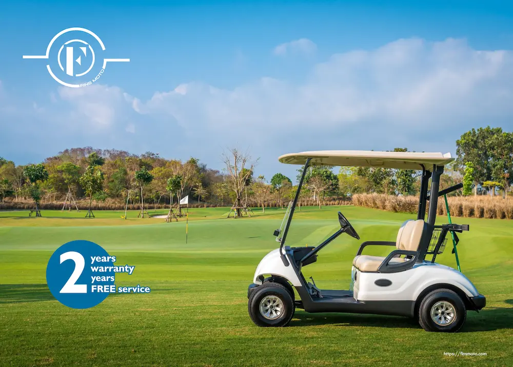 Finns Auto electric golf cart on green field with 2 years warranty badge