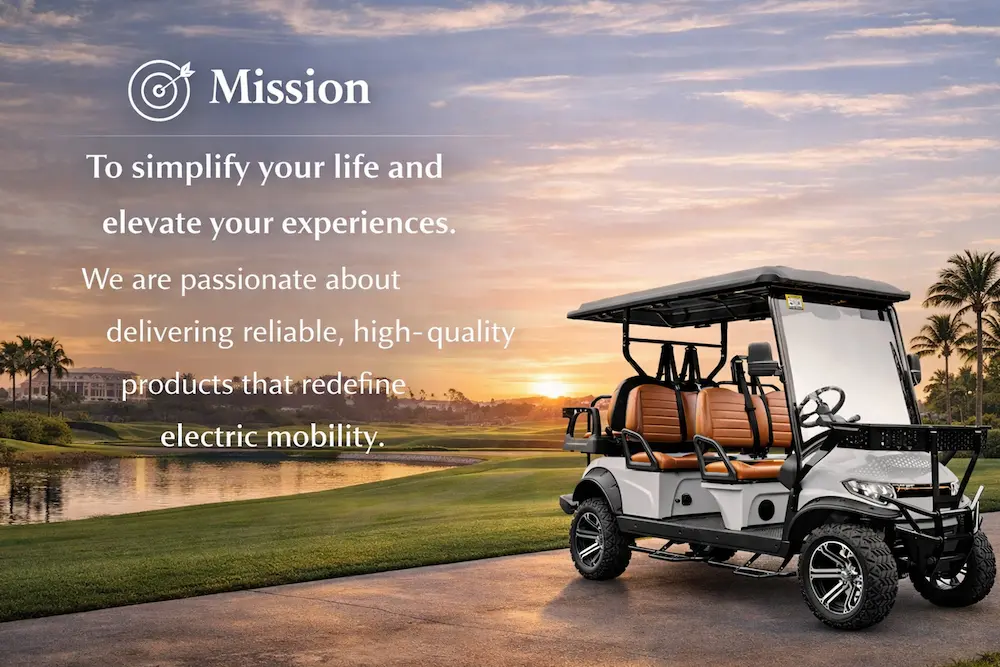 Electric golf cart at sunset representing Finns Auto's mission for sustainable mobility