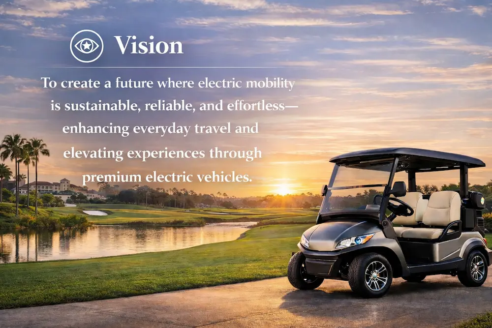 Electric golf cart by a lake representing Finns Auto's vision for the future of mobility